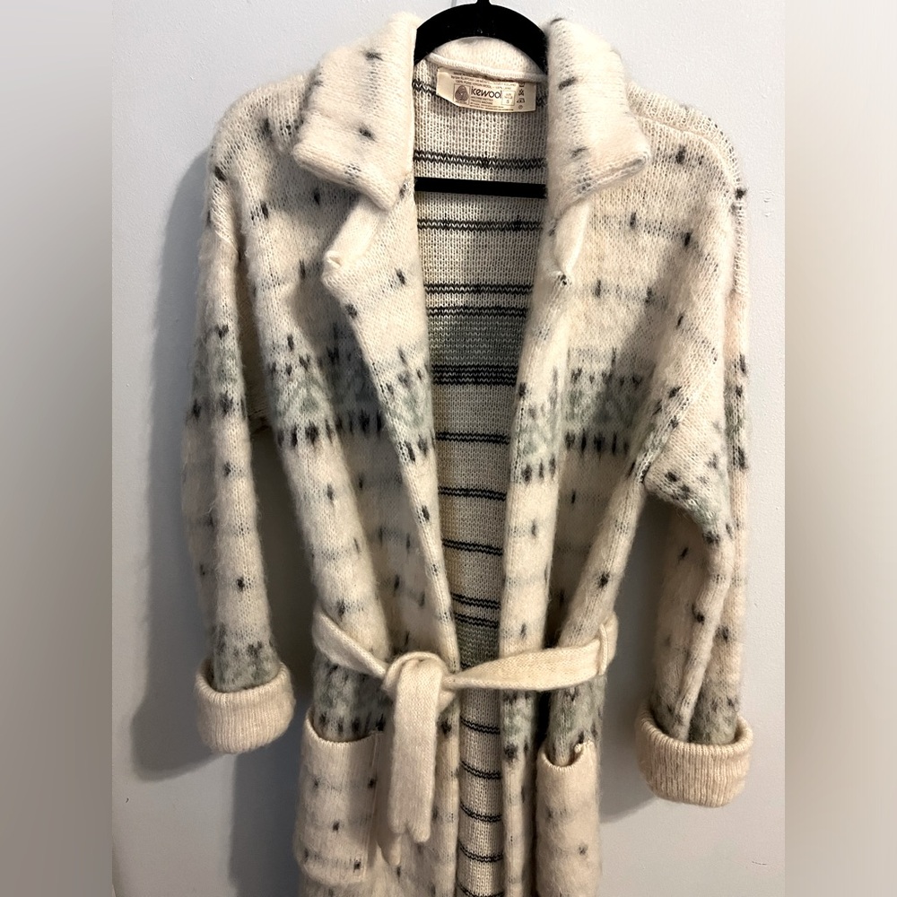 ALAFOSS ICEWOOL Ivory & Brown Virgin Wool Full-Zip Belted Sweater Coat-  Sz S - Picture 3 of 14